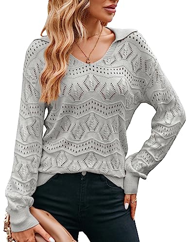 Women's 2023 Fall Lapel Collar V Neck Long Sleeve Knitted Comfy Loose Casual Pullover Sweater Jumper Top Grey L