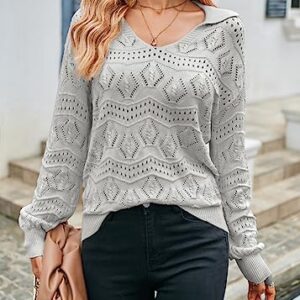 Women's 2023 Fall Lapel Collar V Neck Long Sleeve Knitted Comfy Loose Casual Pullover Sweater Jumper Top Grey L