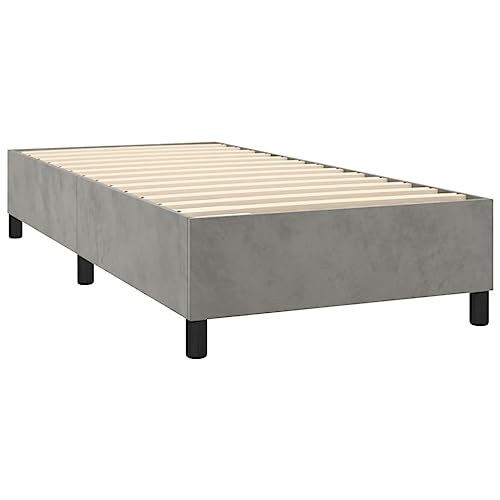 vidaXL Light Gray Velvet Twin XL Box Spring Bed with Mattress - Adjustable, Solid Larch Wood, Plywood, and Engineered Wood - Modern Style Single Bed