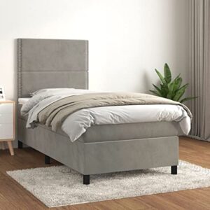 vidaXL Light Gray Velvet Twin XL Box Spring Bed with Mattress - Adjustable, Solid Larch Wood, Plywood, and Engineered Wood - Modern Style Single Bed