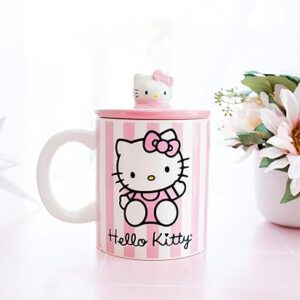 Toynk Hello Kitty Pink Stripes Ceramic Mug With Lid | Holds 18 Ounces