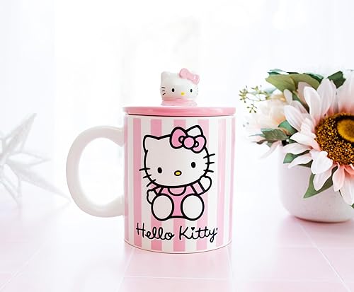 Toynk Hello Kitty Pink Stripes Ceramic Mug With Lid | Holds 18 Ounces