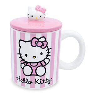 toynk hello kitty pink stripes ceramic mug with lid | holds 18 ounces