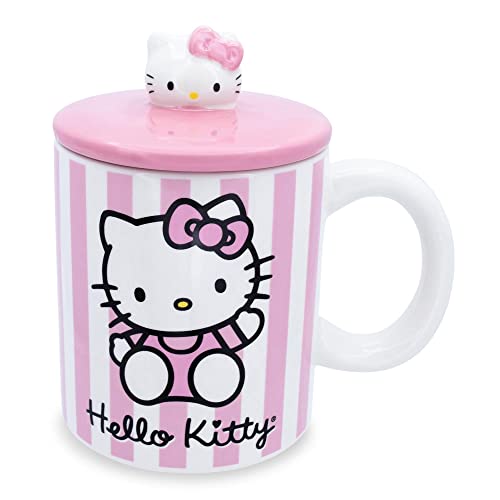 Toynk Hello Kitty Pink Stripes Ceramic Mug With Lid | Holds 18 Ounces