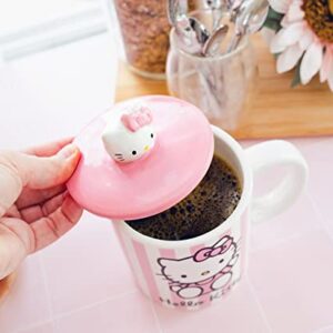 Toynk Hello Kitty Pink Stripes Ceramic Mug With Lid | Holds 18 Ounces