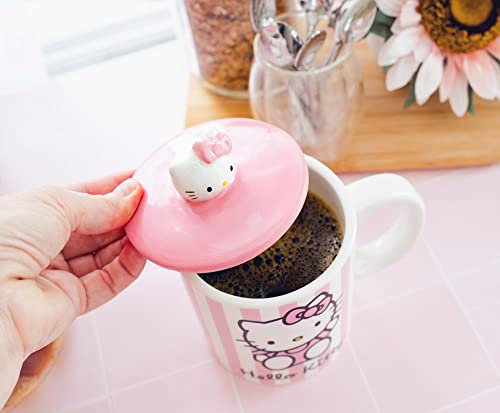 Toynk Hello Kitty Pink Stripes Ceramic Mug With Lid | Holds 18 Ounces