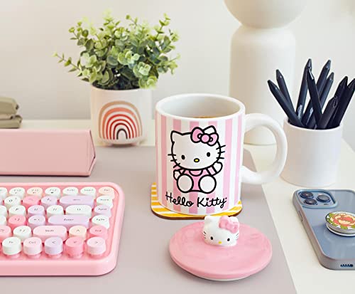 Toynk Hello Kitty Pink Stripes Ceramic Mug With Lid | Holds 18 Ounces