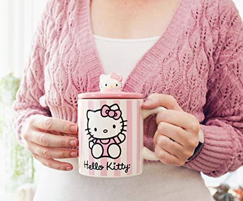 Toynk Hello Kitty Pink Stripes Ceramic Mug With Lid | Holds 18 Ounces