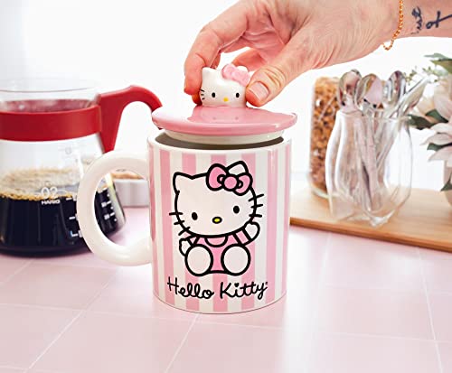 Toynk Hello Kitty Pink Stripes Ceramic Mug With Lid | Holds 18 Ounces