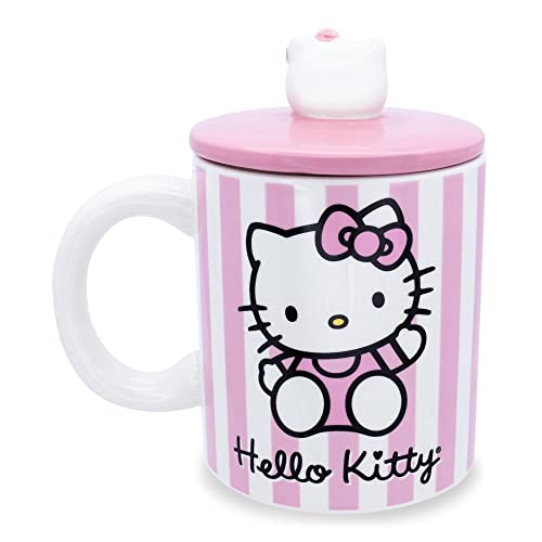 Toynk Hello Kitty Pink Stripes Ceramic Mug With Lid | Holds 18 Ounces