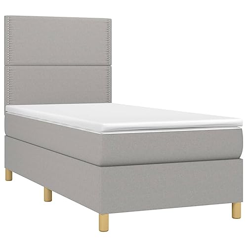 vidaXL Bed Frame, Box Spring Bed Single Platform Bed with Mattress, Bed Frame Mattress Foundation with Headboard for Bedroom, Light Gray Twin Fabric