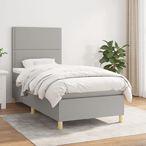 vidaXL Bed Frame, Box Spring Bed Single Platform Bed with Mattress, Bed Frame Mattress Foundation with Headboard for Bedroom, Light Gray Twin Fabric