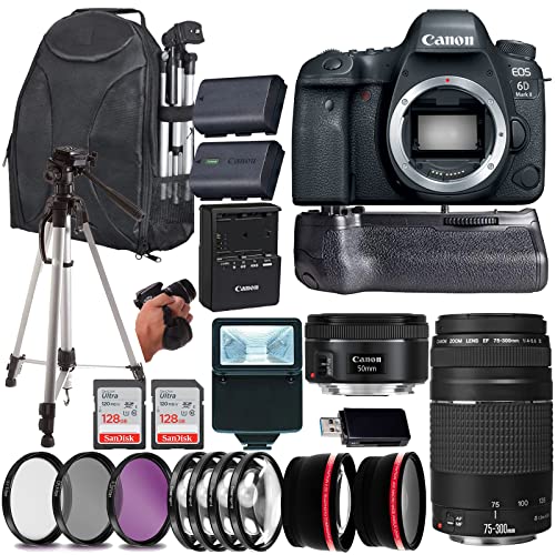 Canon EOS 6D Mark II DSLR Camera Canon EF 50mm f/1.8 STM+Canon EF 75-300mm f/4-5.6 III Lens 128 Gig SD Card+Backpack (23PC Kit)