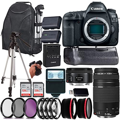 Canon EOS 5D Mark IV DSLR Camera Canon EF 50mm f/1.8 STM+Canon EF 75-300mm f/4-5.6 III Lens 128 Gig SD Card+Backpack (23PC Kit)