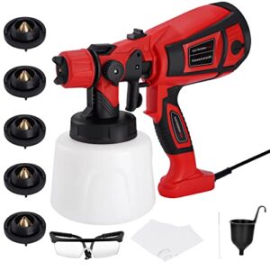 paint sprayer 650w hvlp electric paint spray gun， with 5 copper nozzles & 3 patterns, 1400ml container，a goggle，a pair of gloves，spray gun for house painting, fence，furniture, wall, diy works (red)