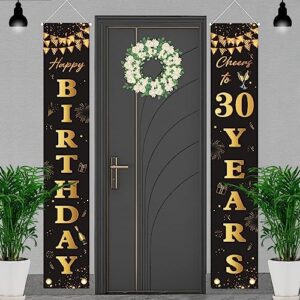 ASOONYUM 2Pcs Black Gold Happy 30th Birthday Porch Sign Banner Decorations Happy Birthday Door Banner Wall Hanging For Outdoor Indoor Men Women Kids Boys Girls Birthday Party Decor Supplies