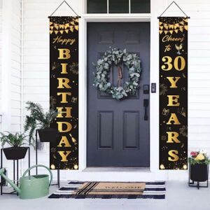 ASOONYUM 2Pcs Black Gold Happy 30th Birthday Porch Sign Banner Decorations Happy Birthday Door Banner Wall Hanging For Outdoor Indoor Men Women Kids Boys Girls Birthday Party Decor Supplies