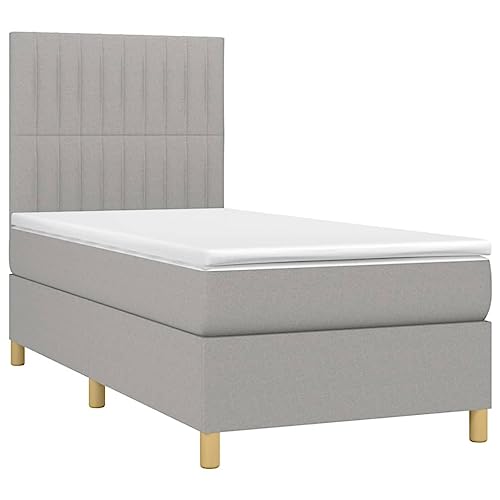 vidaXL Light Gray Twin XL Fabric Box Spring Bed with Mattress - Solid Larch Wood Constructed Frame - California Proposition 65 Compliant