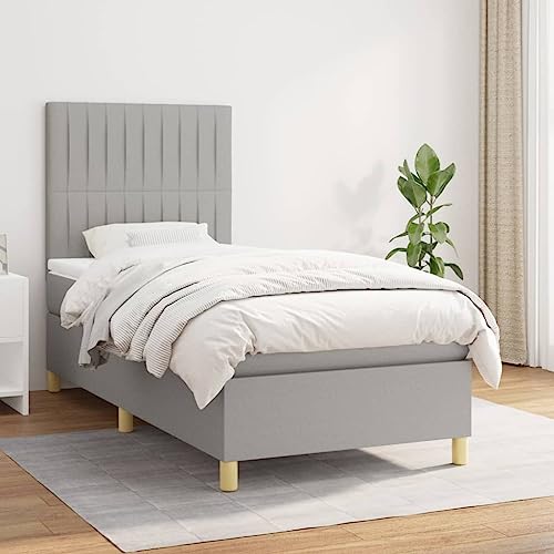 vidaXL Light Gray Twin XL Fabric Box Spring Bed with Mattress - Solid Larch Wood Constructed Frame - California Proposition 65 Compliant