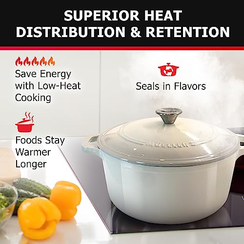 Mueller DuraCast 6 Quart Enameled Cast Iron Dutch Oven Pot with Lid, Dual Handles, Heavy-Duty Braiser Pan, Stainless Steel Knob, for Braising, Stews, Roasting, Baking, Safe across All Cooktops, White