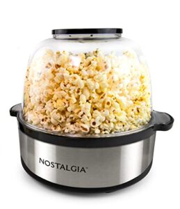 nostalgia 6-quart stirring popcorn popper with quick-heat technology, makes 24 cups of popcorn, kernel measuring cup, oil free, makes roasted nuts, perfect for birthday parties, stainless
