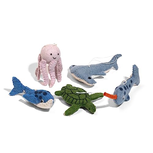 Solas Fifty Two Wool Felt Ocean Animals Hanging Decorations Nursery Decor Felt Animal Figures for Play Set of 5 Handmade Narwhal, Shark, Turtle, Octopus, Whale Christmas Tree Ornaments