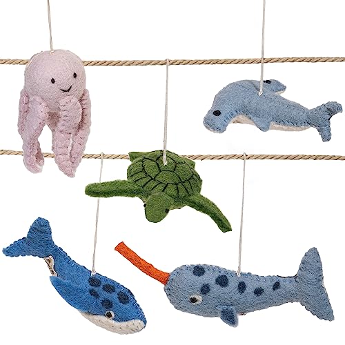 Solas Fifty Two Wool Felt Ocean Animals Hanging Decorations Nursery Decor Felt Animal Figures for Play Set of 5 Handmade Narwhal, Shark, Turtle, Octopus, Whale Christmas Tree Ornaments