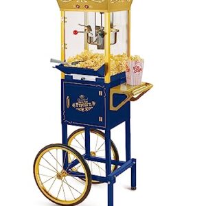 Nostalgia Popcorn Maker Machine - Professional Cart With 8 Oz Kettle Makes Up to 32 Cups - Vintage Popcorn Machine Movie Theater Style - Navy & Gold