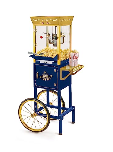 Nostalgia Popcorn Maker Machine - Professional Cart With 8 Oz Kettle Makes Up to 32 Cups - Vintage Popcorn Machine Movie Theater Style - Navy & Gold