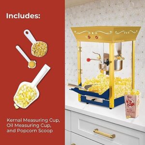 Nostalgia Popcorn Maker Machine - Professional Cart With 8 Oz Kettle Makes Up to 32 Cups - Vintage Popcorn Machine Movie Theater Style - Navy & Gold