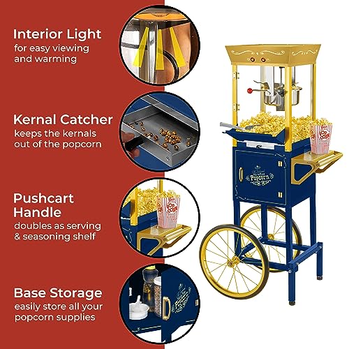 Nostalgia Popcorn Maker Machine - Professional Cart With 8 Oz Kettle Makes Up to 32 Cups - Vintage Popcorn Machine Movie Theater Style - Navy & Gold