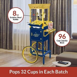 Nostalgia Popcorn Maker Machine - Professional Cart With 8 Oz Kettle Makes Up to 32 Cups - Vintage Popcorn Machine Movie Theater Style - Navy & Gold