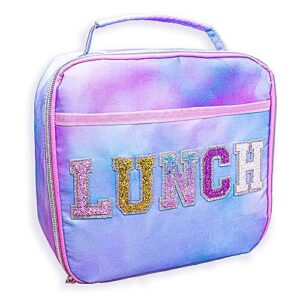frog sac kids lunch bag for girls, reusable insulated preppy tie dye glitter varsity letter patch lunch box, cute soft back to school tween lunchbox