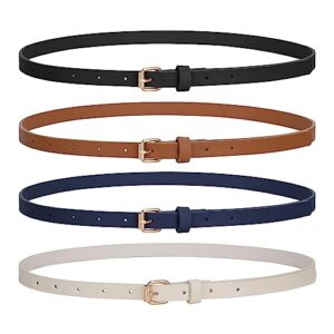 jasgood 4 pack skinny women leather belt for dresses thin waist belt for jeans pants with gold buckle