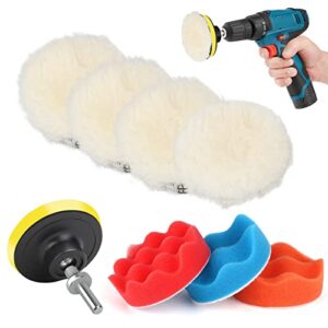 8 pcs drill polishing pad kit, 4 pcs 3 inch wool buffing polishing pads & 3 pcs buffing sponge, hook & loop backing pad with m10 drill adapter for car buffer polisher compounding, polishing and waxing