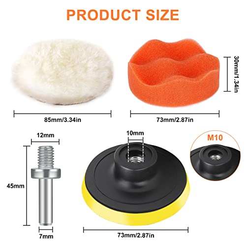 8 Pcs Drill Polishing Pad Kit, 4 Pcs 3 Inch Wool Buffing Polishing Pads & 3 Pcs Buffing Sponge, Hook & Loop Backing Pad with M10 Drill Adapter for Car Buffer Polisher Compounding, Polishing and Waxing