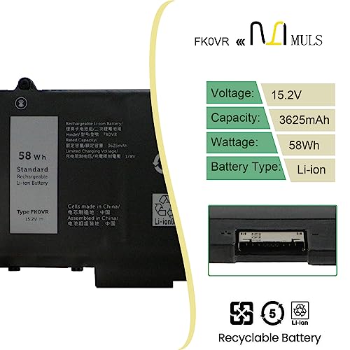 MULS FK0VR 58Wh Laptop Battery Replacement for Dell Latitude 5330 7330 7430 7530 5330 2-in-1 7330 2-in-1 7430 2-in-1 FK0VR FKOVR 8H6WD 293F1 01VX5 404T8 51R71 8P81K 3625mAh 4-Cells