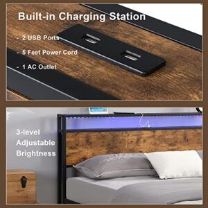 SYING88 Industrial Queen Bed Frame with LED Lights and 2 USB Ports Bed Frame Queen Size with Storage No Box Spring Needed for Boys Girls Teens Adults, Bedroom, Dormitory Easy Assenbly Rustic Brown