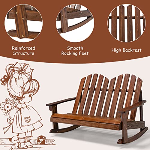 Giantex 2-Person Adirondack Rocking Chair - Kids Outdoor Rocking Bench with Slatted Seat, High Backrest, 220LBS Weight Capacity, Kids Patio Rocker for Balcony, Yard, Poolside (1, Coffee)