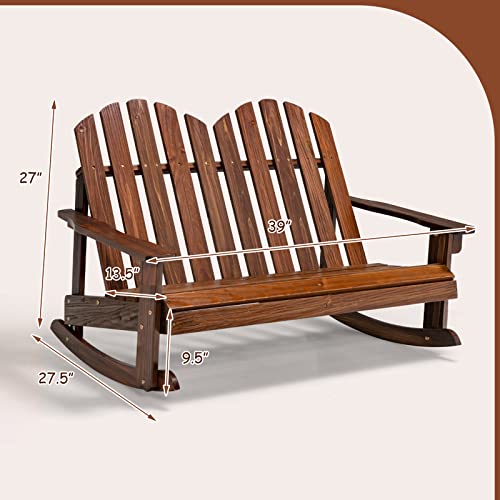 Giantex 2-Person Adirondack Rocking Chair - Kids Outdoor Rocking Bench with Slatted Seat, High Backrest, 220LBS Weight Capacity, Kids Patio Rocker for Balcony, Yard, Poolside (1, Coffee)