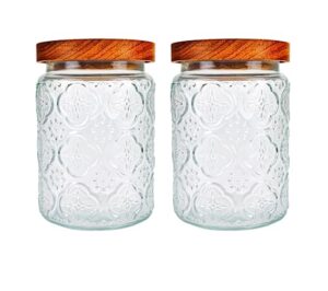 chichaus vintage glass storage jars for kitchen and pantry，keep your sugar, candy, flour, cookie, coffee, and tea fresh with containers airtight wood lids，food storage jar 24oz(plum pattern)