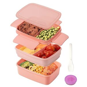 freshmage stackable bento box adult lunch box with 5 compartments, premium all-in-one leak-proof bento lunch box with spoon, 1 oz dressing container for work, camping, picnic (pink)