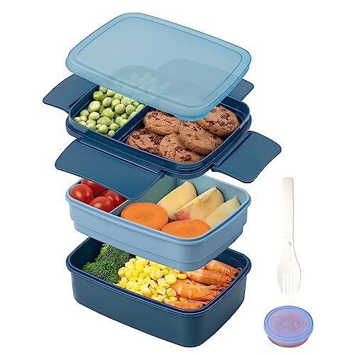 Freshmage Stackable Bento Box Adult Lunch Box with 5 Compartments, Premium All-in-One Leak-Proof Bento Lunch Box With Spoon, 1 oz Dressing Container for Work, Camping, Picnic (Blue)