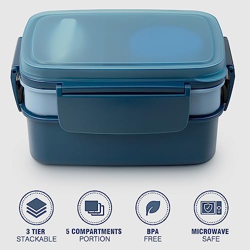 Freshmage Stackable Bento Box Adult Lunch Box with 5 Compartments, Premium All-in-One Leak-Proof Bento Lunch Box With Spoon, 1 oz Dressing Container for Work, Camping, Picnic (Blue)