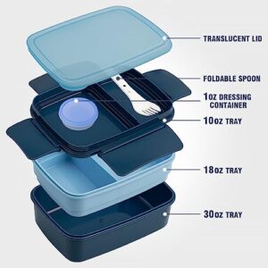 Freshmage Stackable Bento Box Adult Lunch Box with 5 Compartments, Premium All-in-One Leak-Proof Bento Lunch Box With Spoon, 1 oz Dressing Container for Work, Camping, Picnic (Blue)