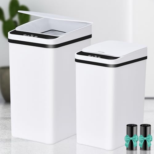 SDARIS Trash Can, White 2Pcs Set,2 Rolls of Trash Bags, Waterproof Motion Sensor Trash Can with Lid, Ultra-Thin Plastic Narrow, Suitable for Bedroom,Bathroom, Office