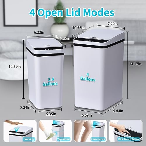 SDARIS Trash Can, White 2Pcs Set,2 Rolls of Trash Bags, Waterproof Motion Sensor Trash Can with Lid, Ultra-Thin Plastic Narrow, Suitable for Bedroom,Bathroom, Office