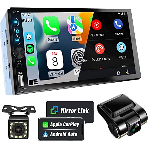 Double Din Car Stereo with Dash Cam,7 Inch Full HD Touchscreen Car Stereo Receiver Support with Apple Carplay and Android Auto,Car Stereo with Bluetooth,Mirror Link,Backup Camera,FM/USB/AUX/Subwoofer