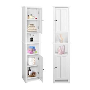 unovivy tall bathroom storage cabinet floor standing freestanding linen tower with 2 doors & 6 shelves, 15.7x 11.8x 66.9 inches, for living room, kitchen, white