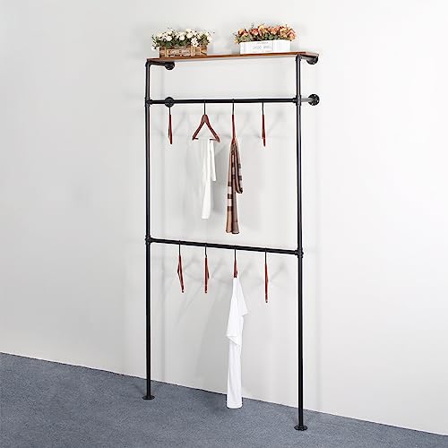 OUBITO Industrial Pipe Clothing Rack,Commercial Grade Pipe Clothes Racks,Heavy Duty Wall Mounted Closet Storage Rack,Hanging Clothes Retail Display Rack Garment rack,Black 1 Board With Crossbar
